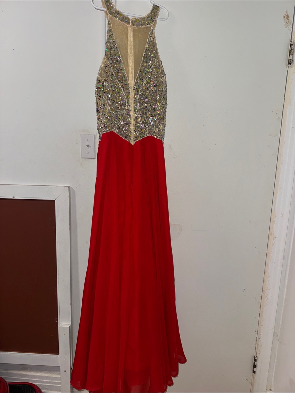 Gold-Embellished Red Halter Prom Dress